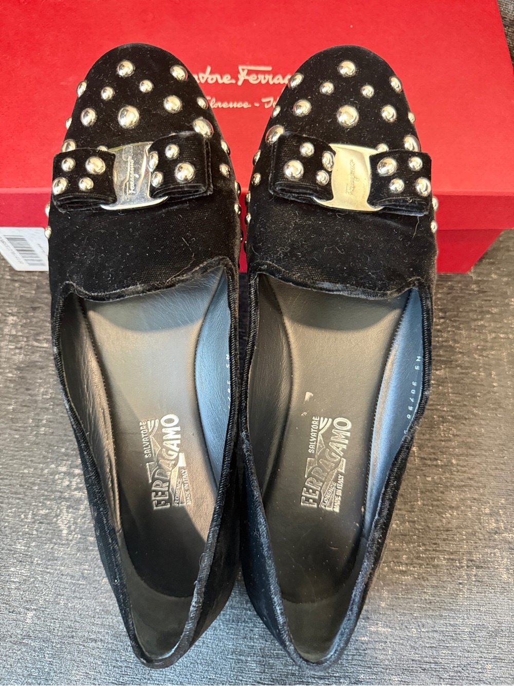 Salvatore Ferragamo Black Velvet Studded Bow Flats with Metallic Logo - Picture 2 of 9